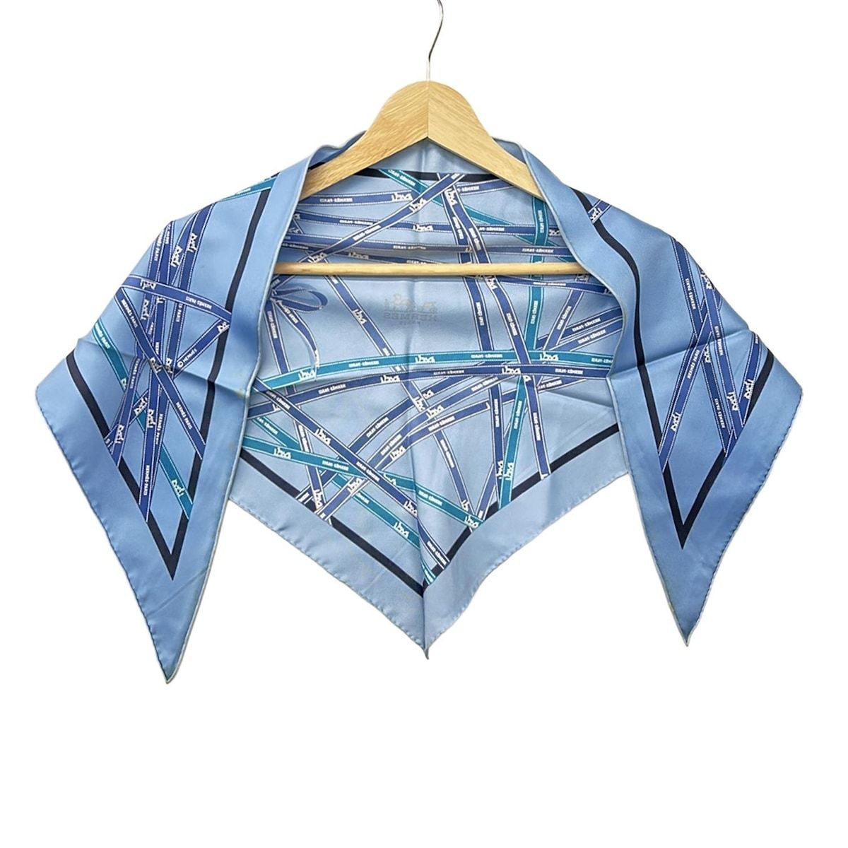 HERMES(エルメス) スカーフ ポワンテュー ライトブルー×黒×マルチ ボル