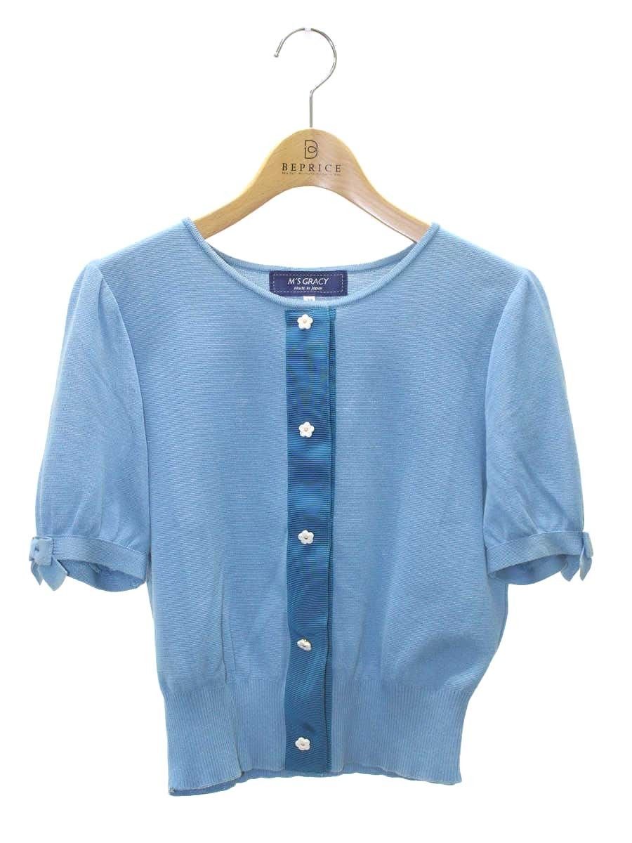 エムズグレイシー 118341 カーディガン 38 ブルー リブ カメリアボタン