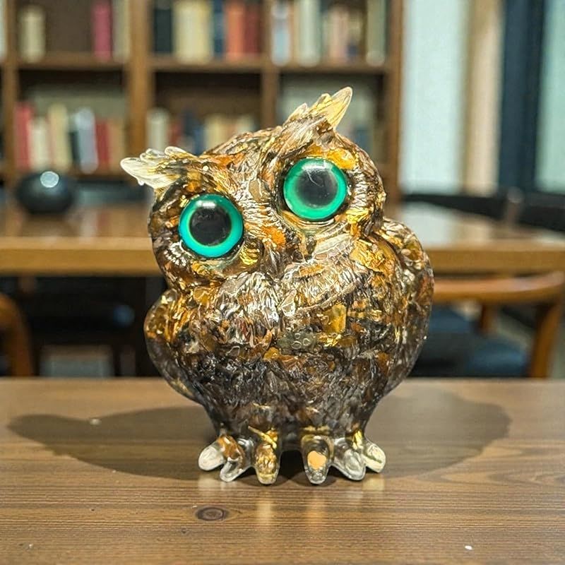 新品】 オルゴナイト フクロウ 置物、天然石さざれ金箔入り、樹脂製