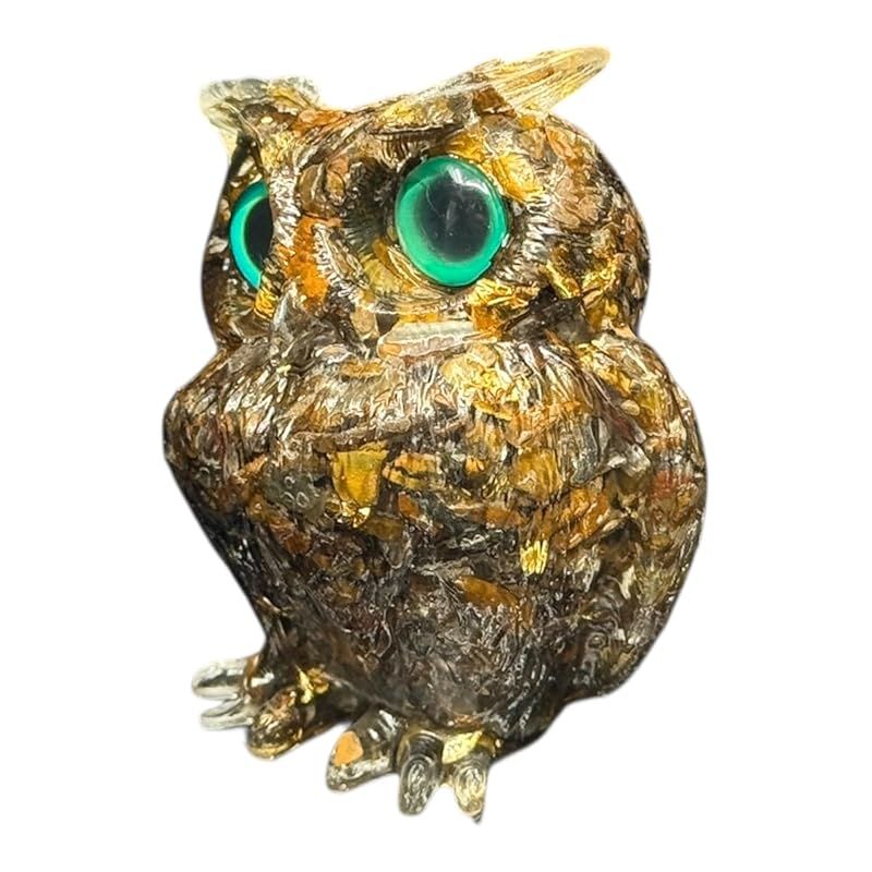 新品】 オルゴナイト フクロウ 置物、天然石さざれ金箔入り、樹脂製