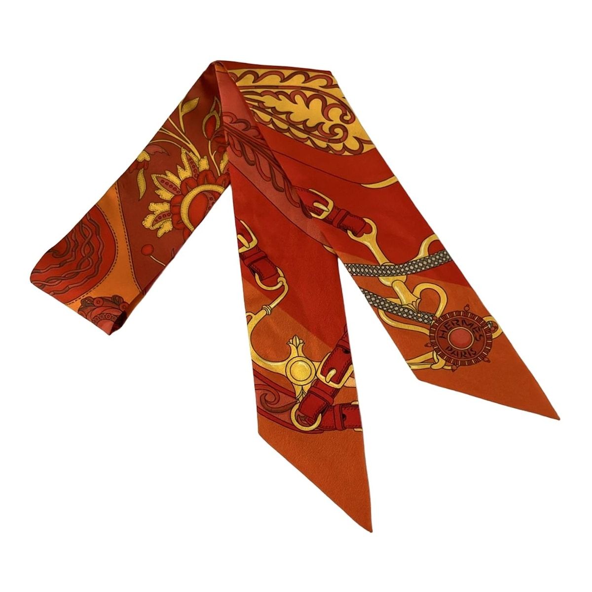 【美品】HERMES エルメス スカーフ ツイリー リボン柄 オレンジ 箱付き HERMES(エルメス) スカーフ美品 ツイリー レッド×オレンジ×マルチ