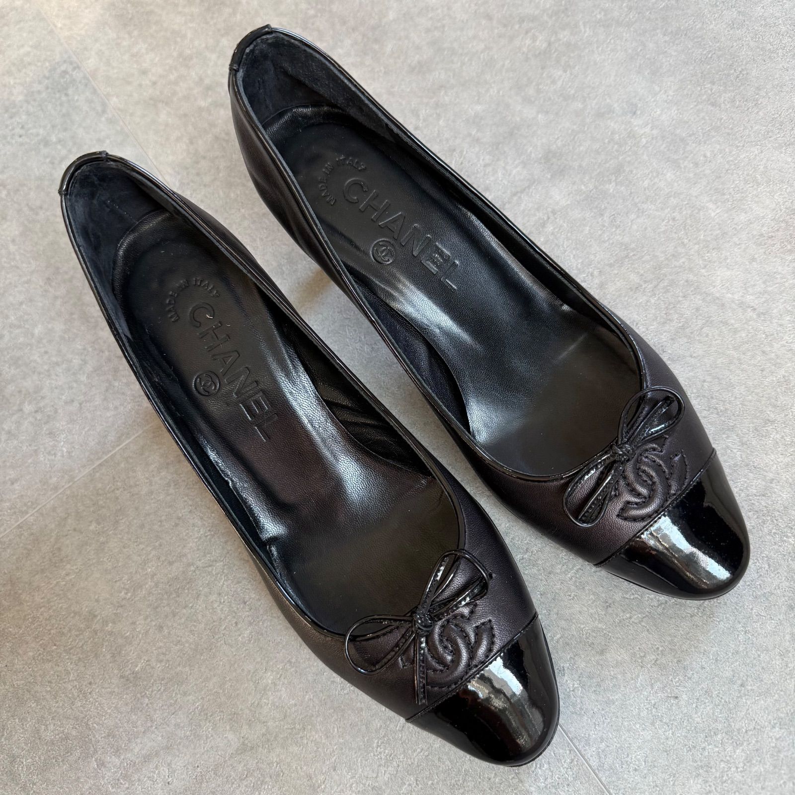 美品 CHANEL シャネル リボンパンプス ココマーク バレエシューズ