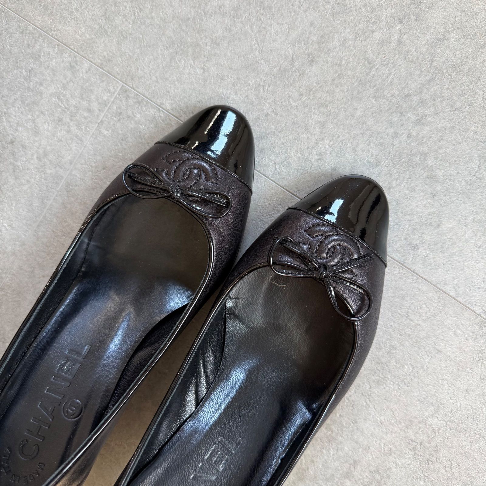 美品 CHANEL シャネル リボンパンプス ココマーク バレエシューズ