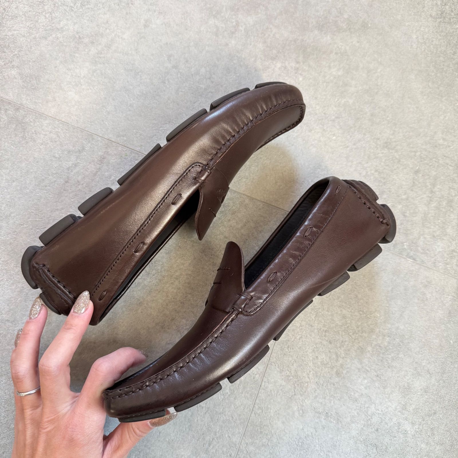 美品 PRADA プラダ ロゴ ドライビングシューズ レザー ブラウン 35