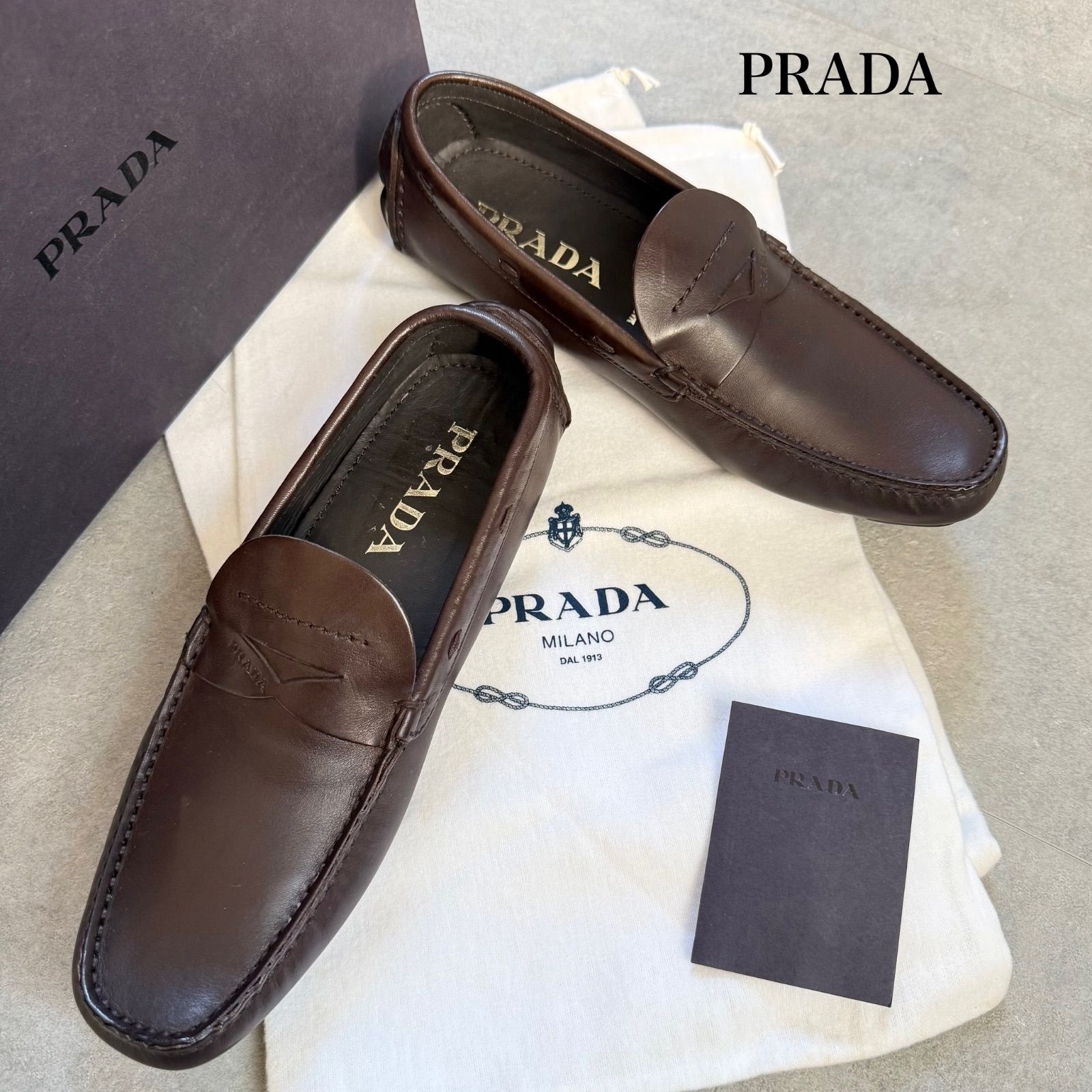 美品 PRADA プラダ ロゴ ドライビングシューズ レザー ブラウン 35