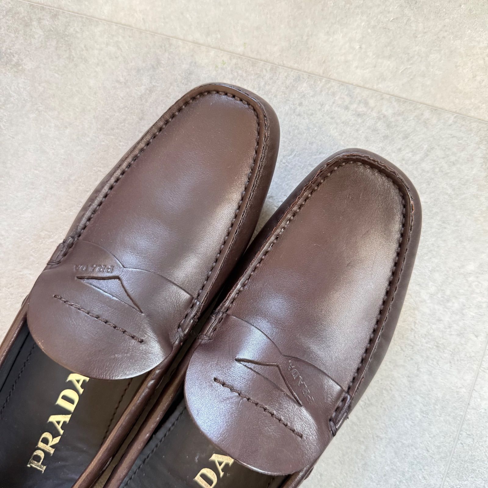 美品 PRADA プラダ ロゴ ドライビングシューズ レザー ブラウン 35