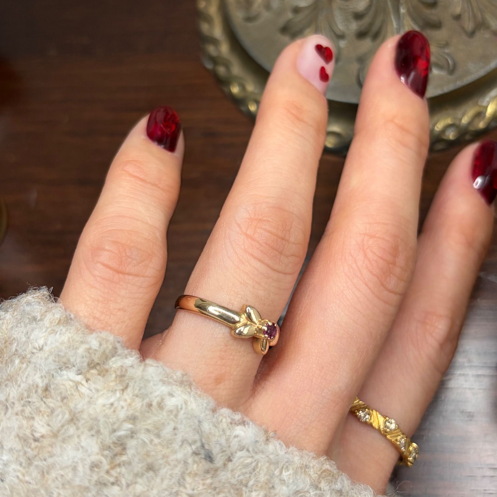 ジュエリーマキ 】K9 ルビー 花 ゴールドリング 9.5号 1.8g C4058