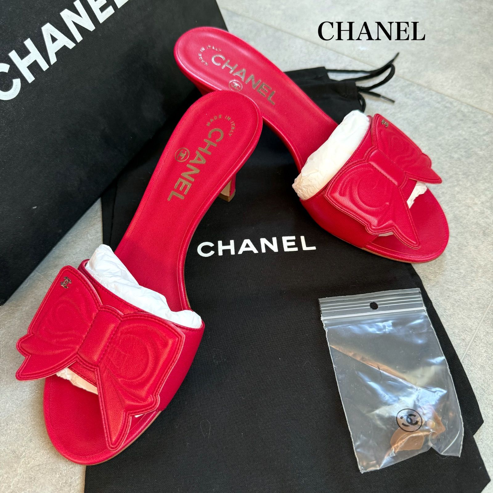 未使用品 CHANEL シャネル ココマーク リボン サンダル レザー ピンク