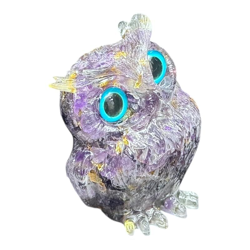 新品】 オルゴナイト フクロウ 置物、天然石さざれ金箔入り、樹脂製