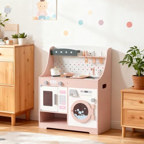 おままごと キッチン 木製 台所 調理器具付き 調味料 食材 知育玩具 洗濯機 コンロミニキッチン おもちゃキッチン ギフトボックス付き B ピンク po 1 a 11 ba 8 c