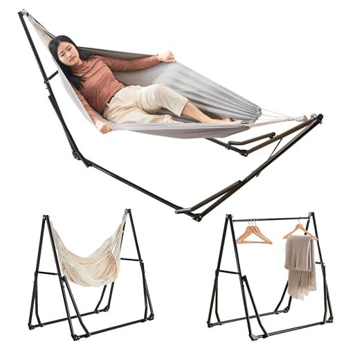 迅速に発送 ハンモック 3 way 自立式 耐荷重約200 kg 折りたたみ収納 ケース付き 室内 屋外 チェア おしゃれ アウトドア キャンプ ハンモックチェア スタンド グレー 5455129 c