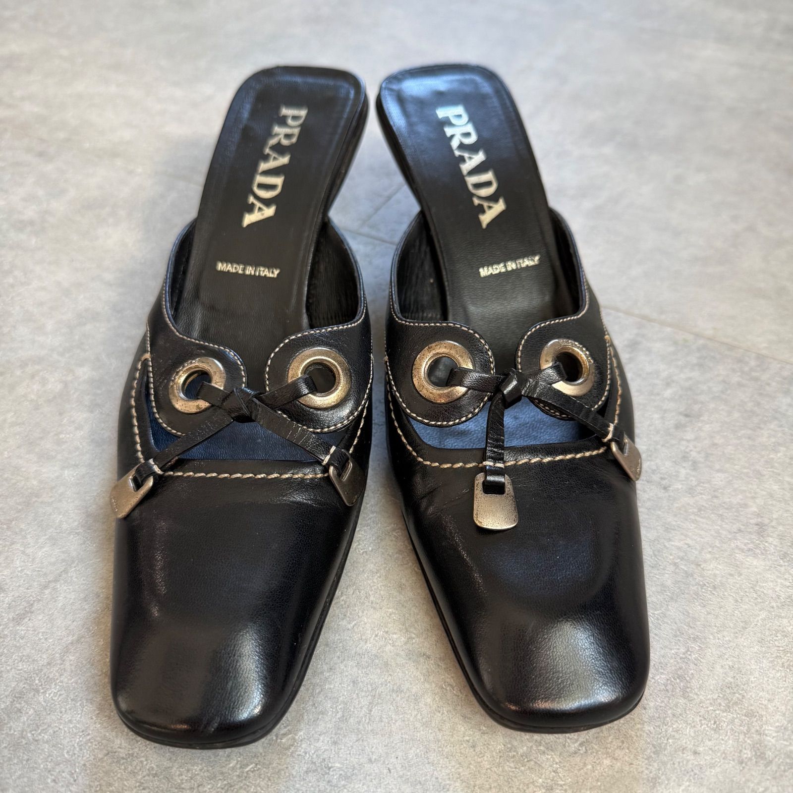 PRADA プラダ ロゴリボン レザーサンダル ブラック ミュール 37