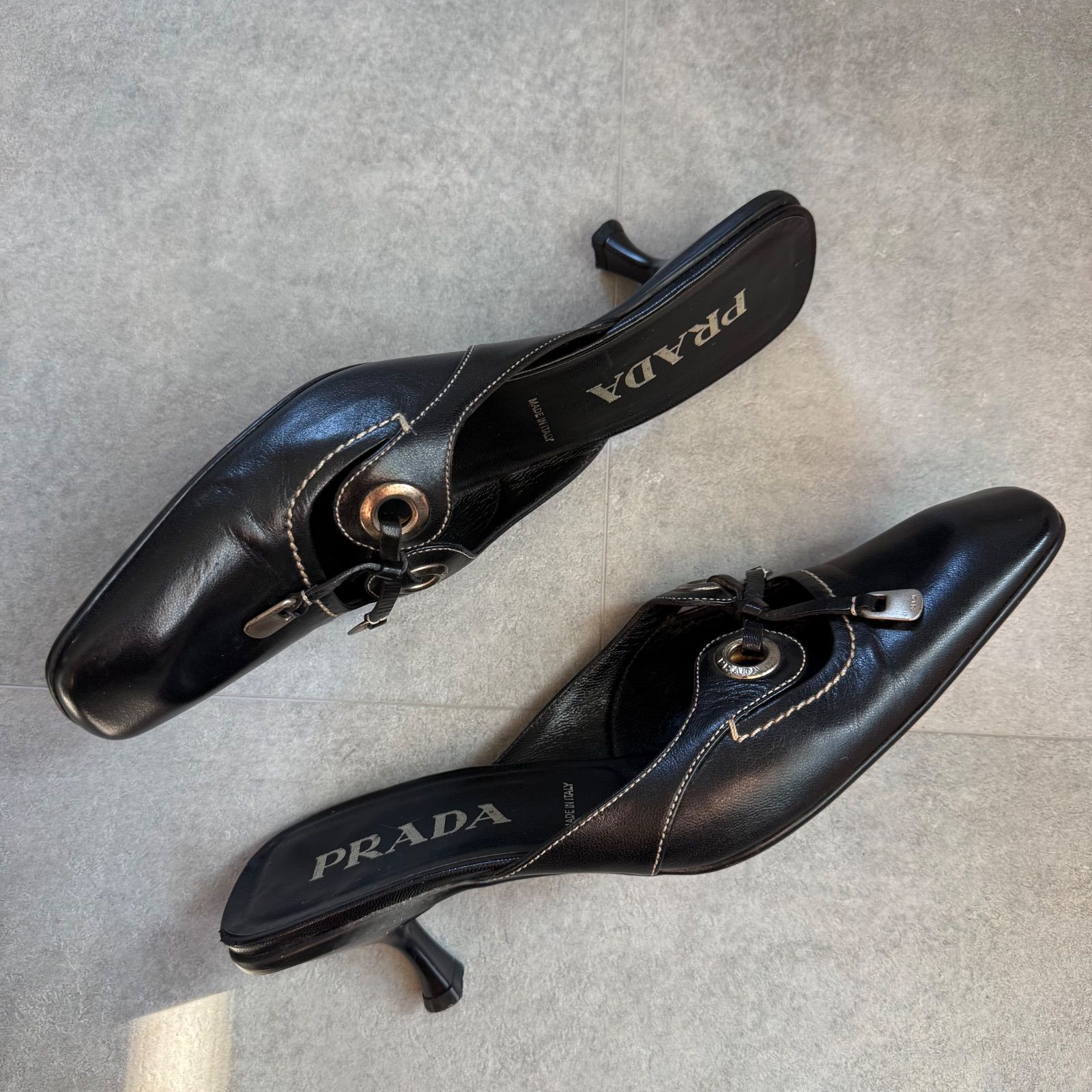 PRADA プラダ ロゴリボン レザーサンダル ブラック ミュール 37