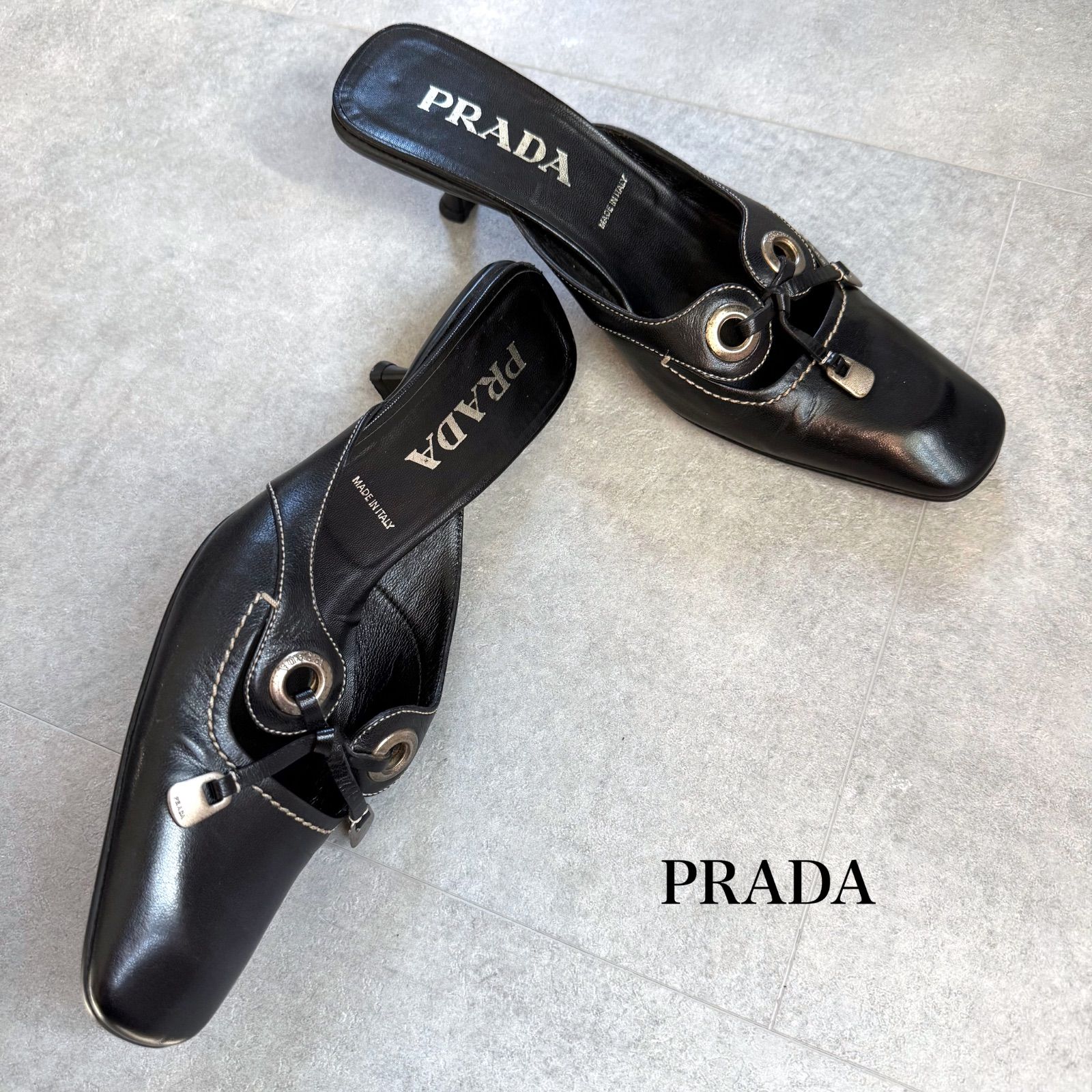 プラダ　ミュール　37 PRADA プラダ ロゴリボン レザーサンダル ブラック ミュール 37