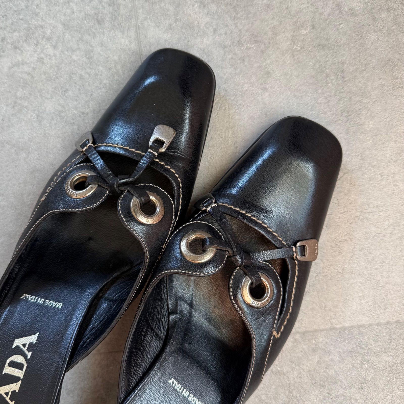 PRADA プラダ ロゴリボン レザーサンダル ブラック ミュール 37