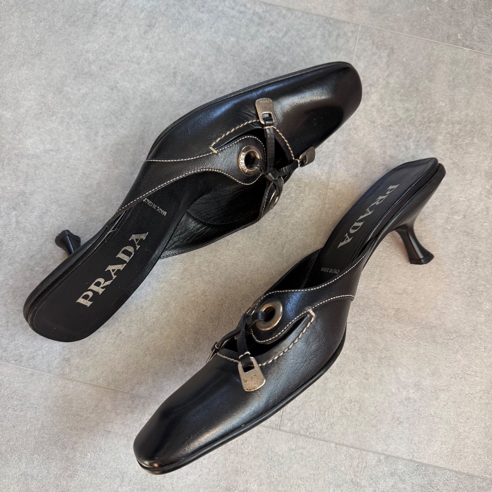 PRADA プラダ ロゴリボン レザーサンダル ブラック ミュール 37 