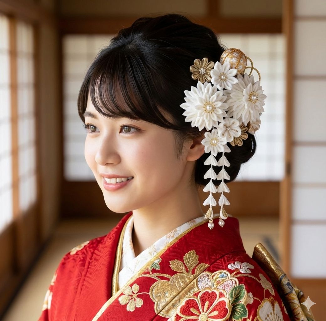 つまみ細工の髪飾り 白無垢 白 金 結婚式 卒業式 成人式 七五三【No.35