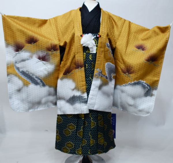 七五三 五歳 男児 羽織袴フルセット 着物 芥子色 龍柄 鷹 袴変更可能