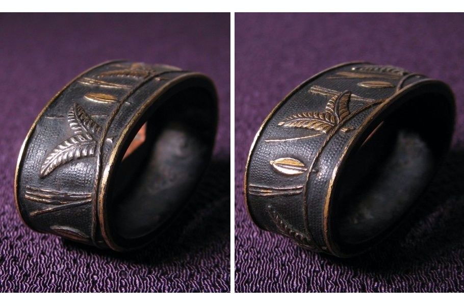 時代武具 赤銅魚々子地縁頭 金色絵植物文 桐箱付 江戸時代/26a070