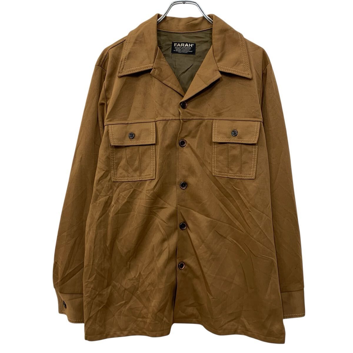 USA製 70s～ FARAH 長袖 無地シャツ MEDIUM ブラウン 開襟 70年代～ 胸