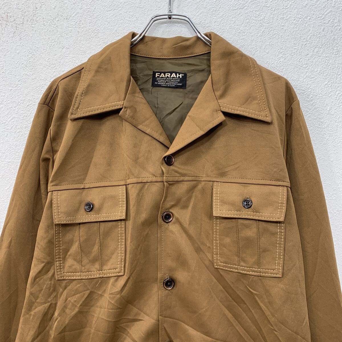 USA製 70s～ FARAH 長袖 無地シャツ MEDIUM ブラウン 開襟 70年代～ 胸