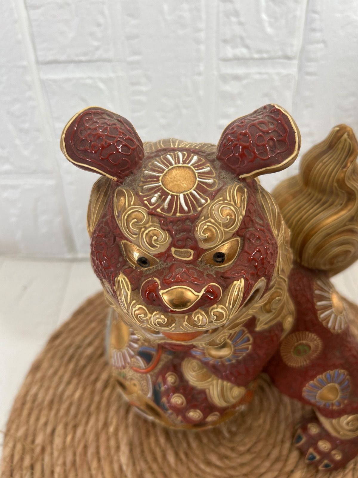 九谷焼 玉乗り獅子 置物 オブジェ 縁起物 骨董品 全長25cm 伝統工芸