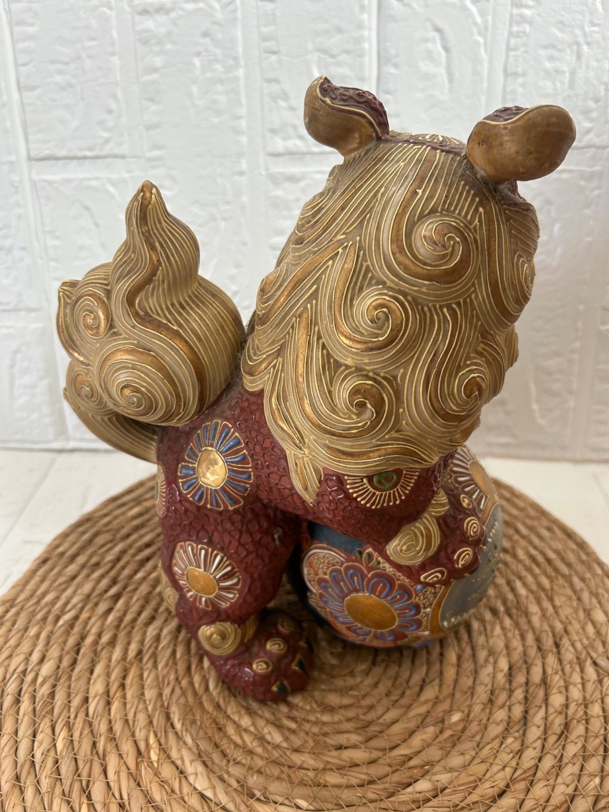 九谷焼 玉乗り獅子 置物 オブジェ 縁起物 骨董品 全長25cm 伝統工芸