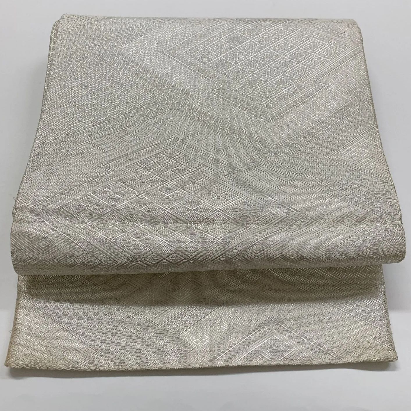 6871］袋帯 佐賀錦 プラチナ箔 シルバー 全通 未仕立て 正絹 着物