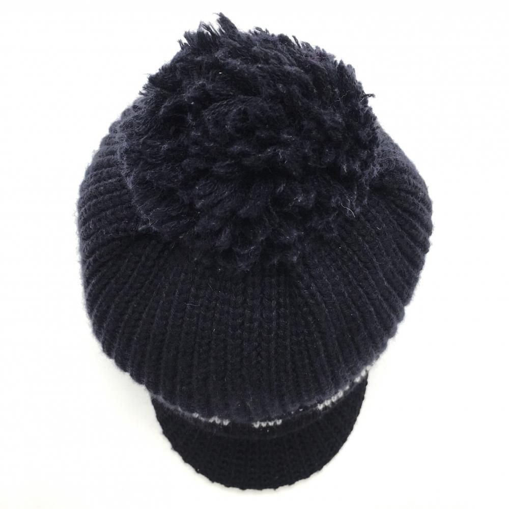 超美品】パーリーゲイツ つば付ニット帽 ダークネイビー×白 ウール混