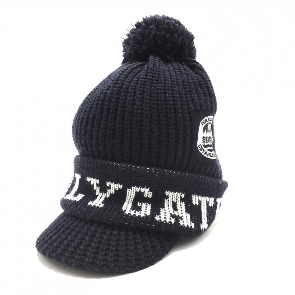 超美品】パーリーゲイツ つば付ニット帽 ダークネイビー×白 ウール混