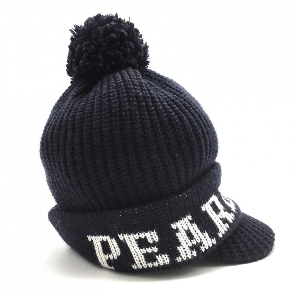 超美品】パーリーゲイツ つば付ニット帽 ダークネイビー×白 ウール混