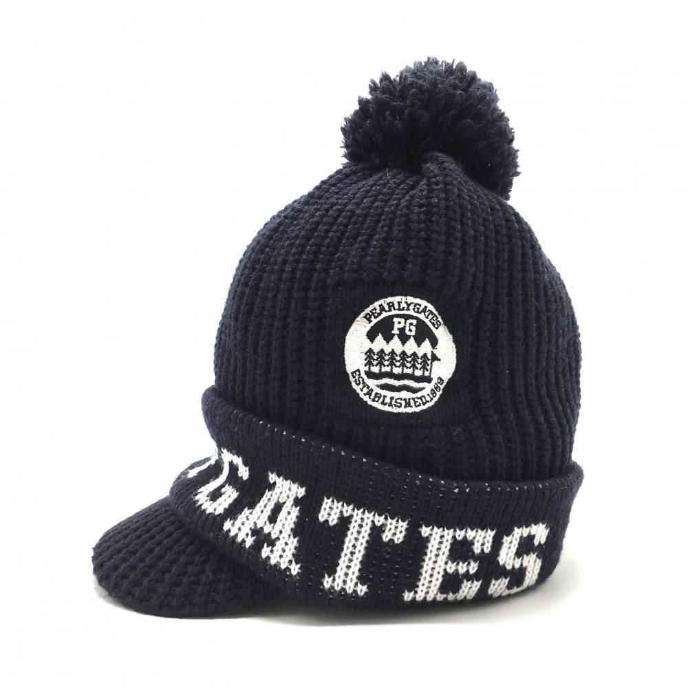 超美品】パーリーゲイツ つば付ニット帽 ダークネイビー×白 ウール混