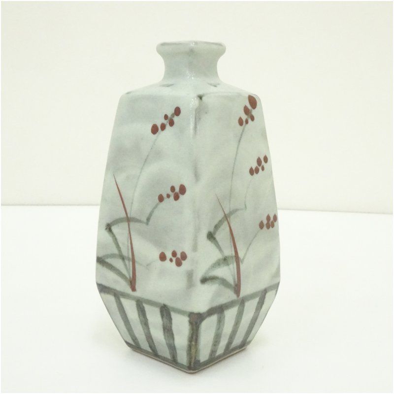 新晶窯 加藤賢司造 鉄描赤彩四方花入（共箱） 花入れ 茶道 茶道具 花瓶