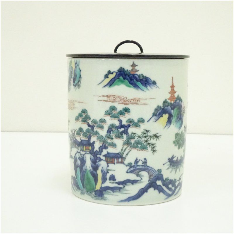 京焼 五山窯 林淡幽造 一重口色絵山水水指（共箱） 水指し 茶道 茶道具