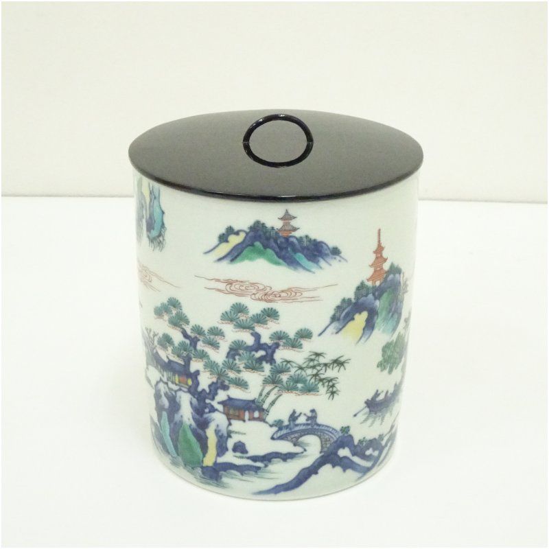 京焼 五山窯 林淡幽造 一重口色絵山水水指（共箱） 水指し 茶道 茶道具