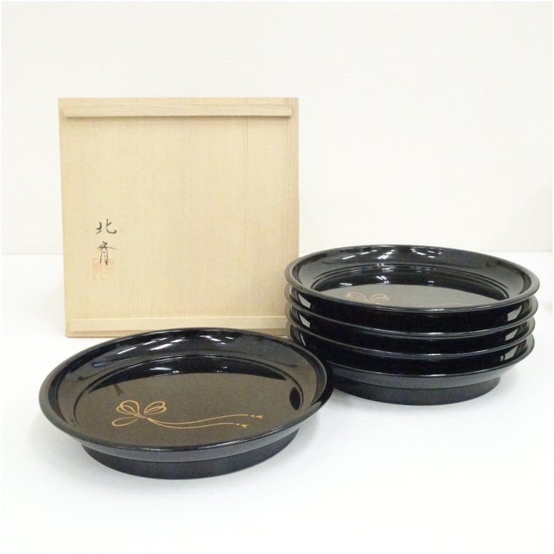 北斎造 漆塗結び蒔絵銘々皿5客（共箱） 茶器 菓子器 おしゃれ 和菓子