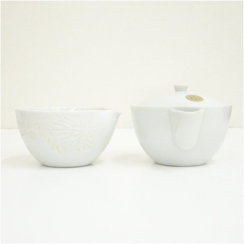 出石焼 陶芸舎製 白磁花彫煎茶器セット（共箱） 茶道具 おしゃれ