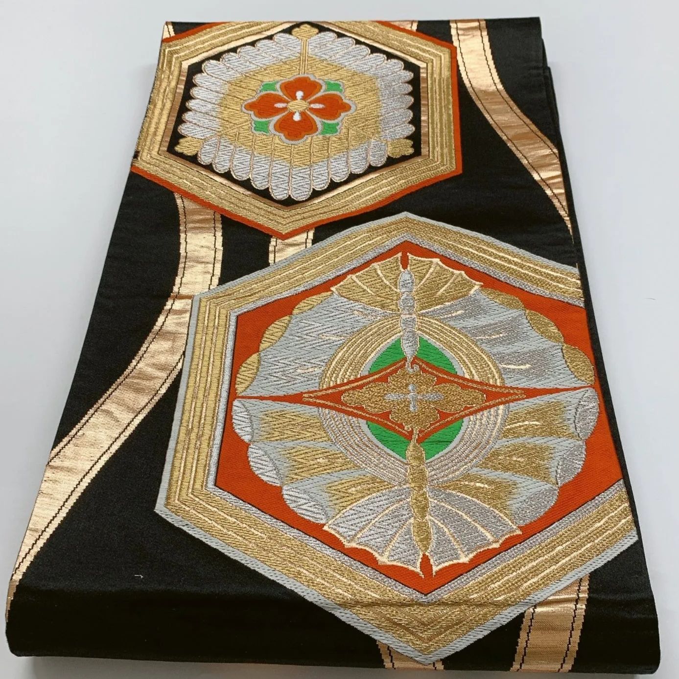 6877］袋帯 花亀甲文様 金銀糸 六通 黒 正絹 着物 フォーマル - メルカリ