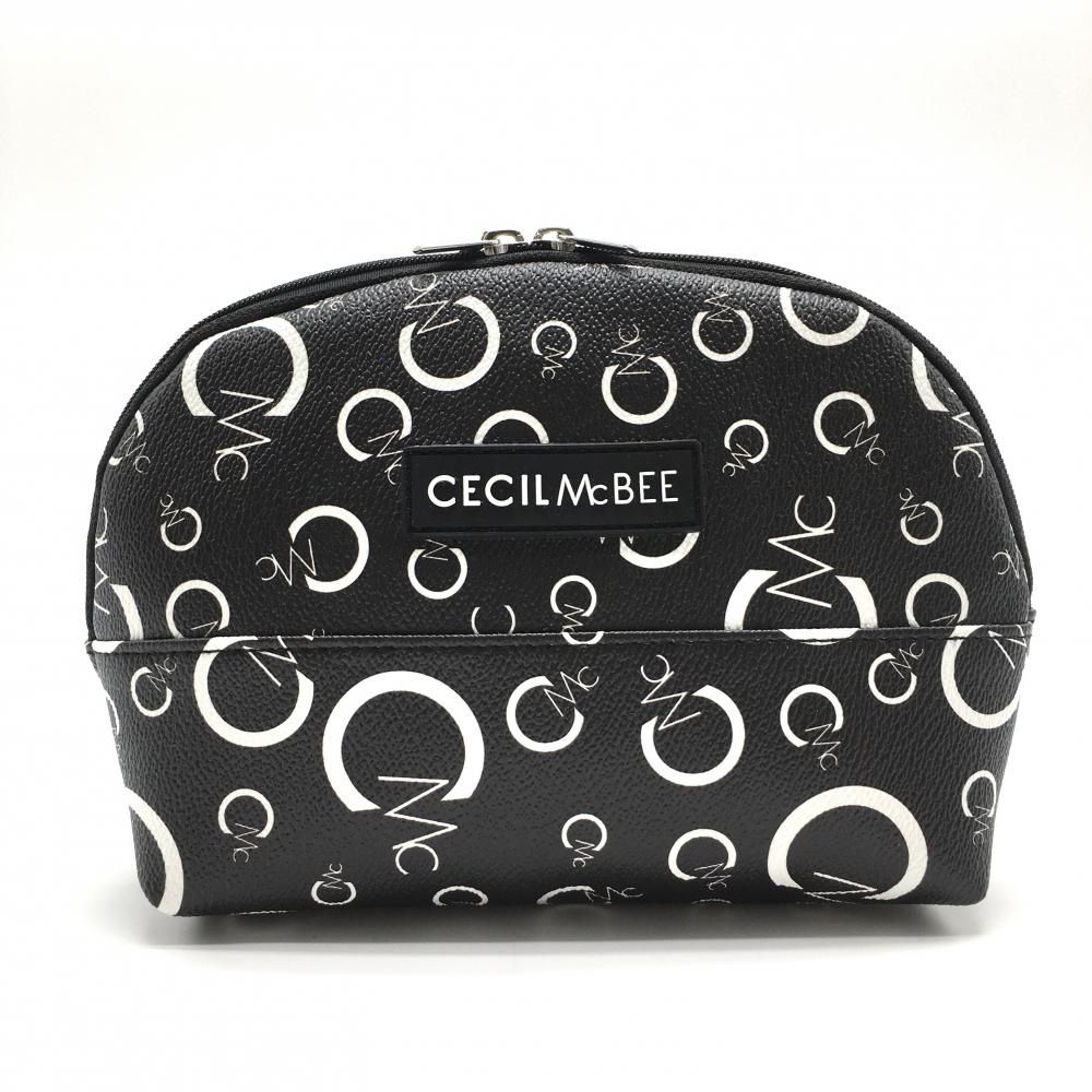 新品】セシルマクビー ポーチ 黒×白 ロゴ総柄 小物入れ 内ポケット付