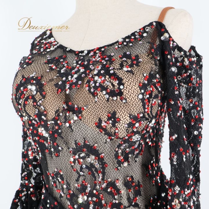 社交ダンス 衣装 ドレス ワンピース レース 黒 赤 レッド ブラック