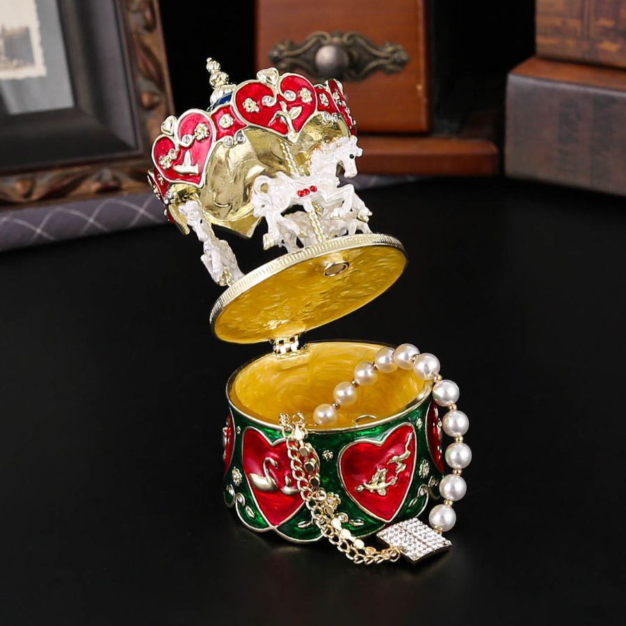 新品未使用 回転木製ジュエリーボックス 欧風合金七宝焼 アンティーク