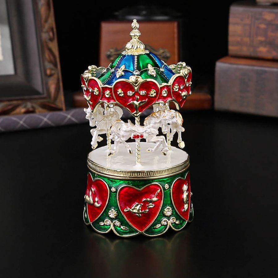 新品未使用 回転木製ジュエリーボックス 欧風合金七宝焼 アンティーク