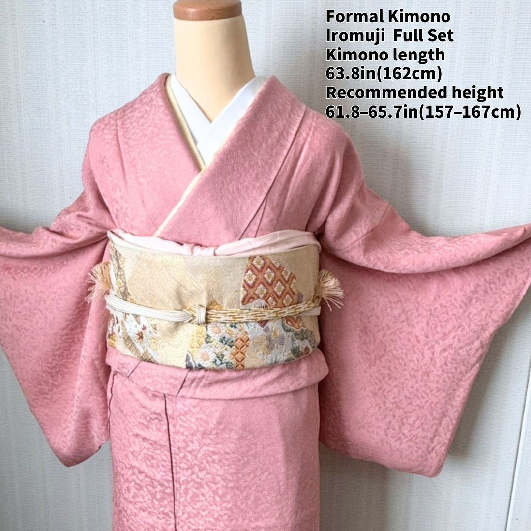 色無地 一ツ紋 フルセット 身丈162cm 裄64cm ピンク 正絹 袷 袋帯付き