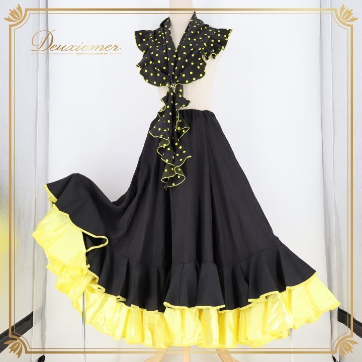 フラメンコ 衣装 ファルダ スカート ブラック系 水玉 ドット柄 黒 黄