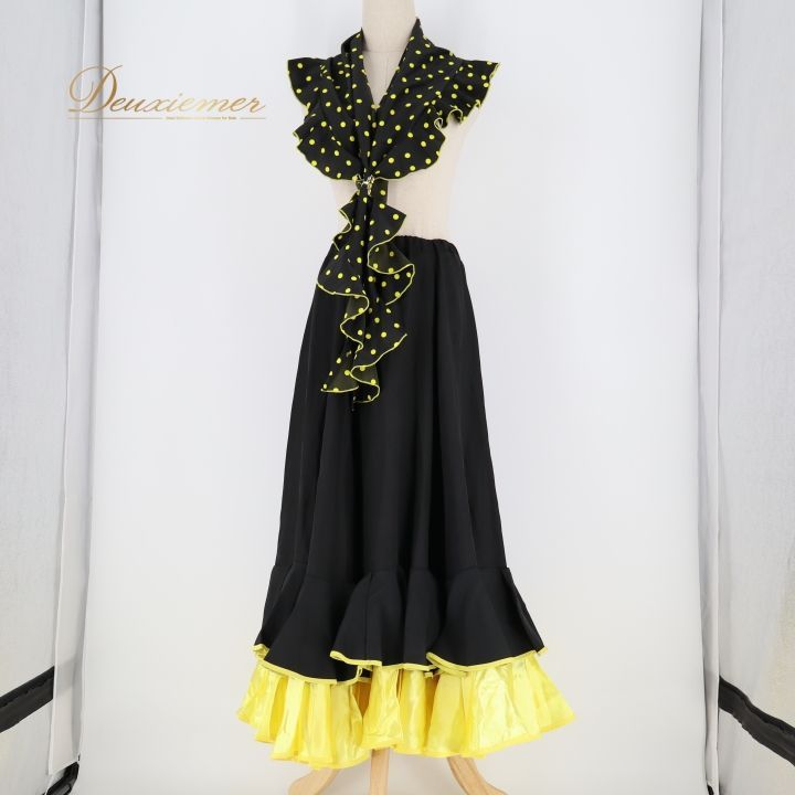 フラメンコ 衣装 ファルダ スカート ブラック系 水玉 ドット柄 黒 黄