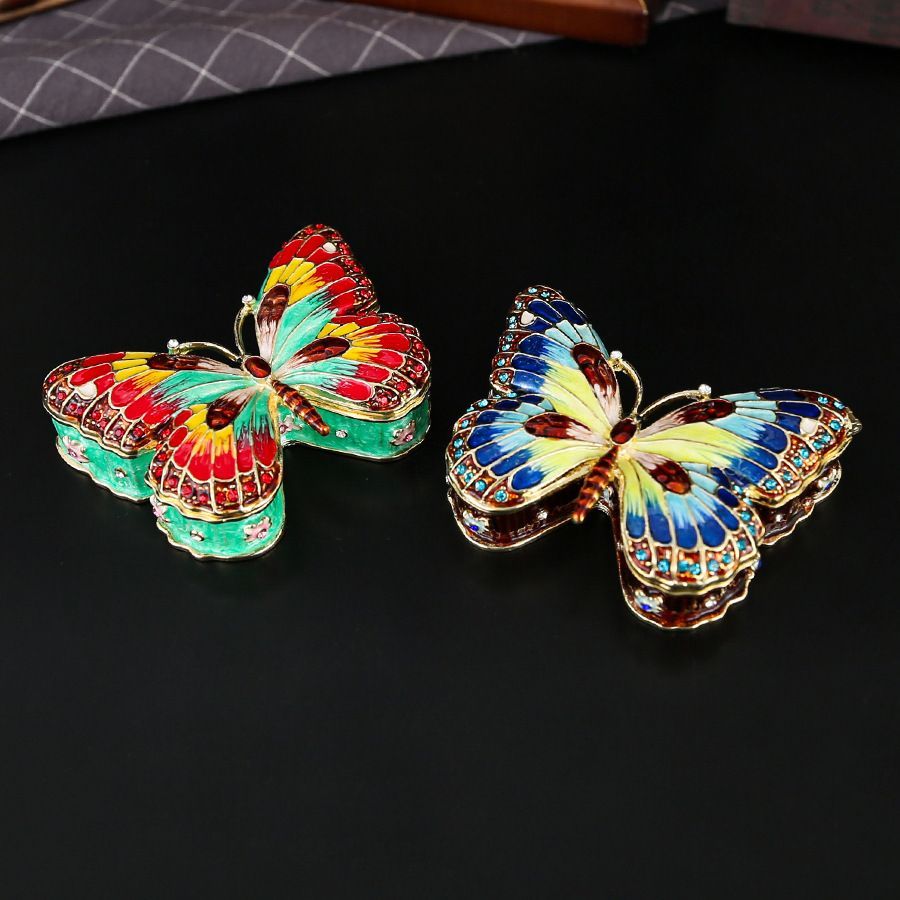 新品未使用 精巧蝶柄七宝焼ジュエリーボックス 小型黄金宝石収納ケース