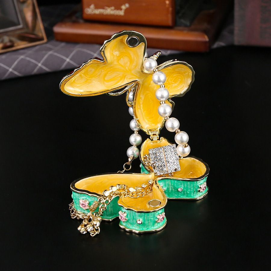 新品未使用 精巧蝶柄七宝焼ジュエリーボックス 小型黄金宝石収納ケース