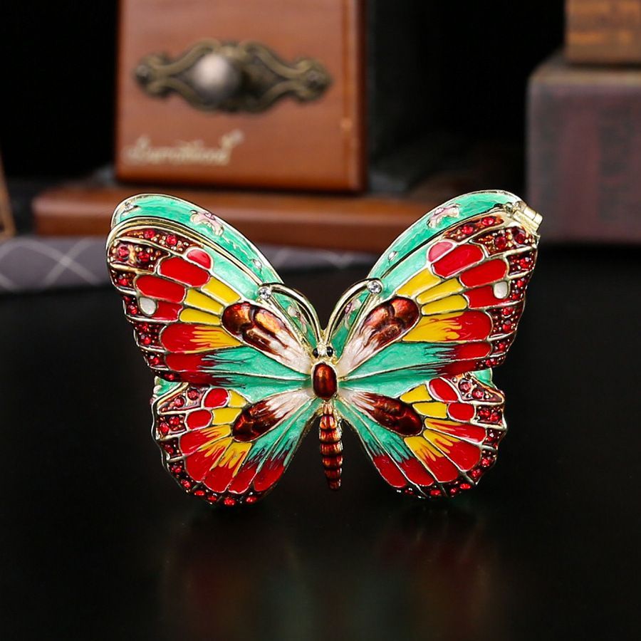 新品未使用 精巧蝶柄七宝焼ジュエリーボックス 小型黄金宝石収納ケース