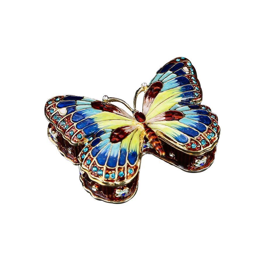 新品未使用 精巧蝶柄七宝焼ジュエリーボックス 小型黄金宝石収納ケース