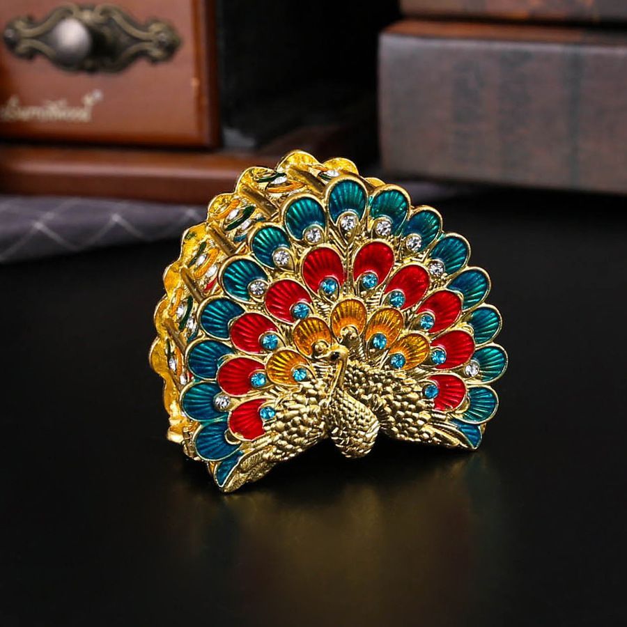 中国七宝焼 真鍮箱 蓋付き 骨董 未使用 縦59mm高さ62mm厚み22mm 新品未使用 孔雀型ジュエリーボックス ロシアンアンティーク孔雀屏風型